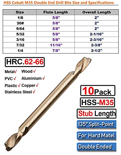 HSS Cobalt Drill Bit Double End 1/8 in. Stubby Body Drill Steel Metal Iron-10Pcs