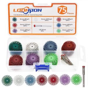 75pcs 1 inch radial bristle disc brush with 1/8" shank abrasive bristle disc set for wood jewelry mold polishing.- mixed grit 80/200/320/400/600/1000/2000