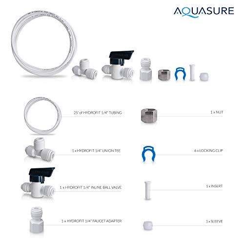 Aquasure Ice Maker Water Line Kit with Shut-Off Valve, 25’ Food Grade 1/4" Tubing, Quick Connect Fittings, Secure Locking Clips, Leak Free Design, US Customer Support, 1 Year Warranty