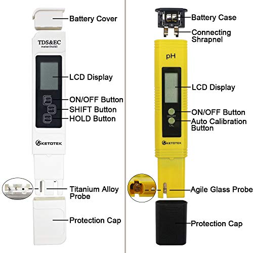 KETOTEK Digital Water TDS Meter PH Meter, PPM Tester has TDS-EC-Temp (3-in-1) and ±2% Accuracy, PH Tester with 0-14.00PH and 0.01 Accuracy, TDS PH Meters for Aquariums Water, Hydroponics, RO System