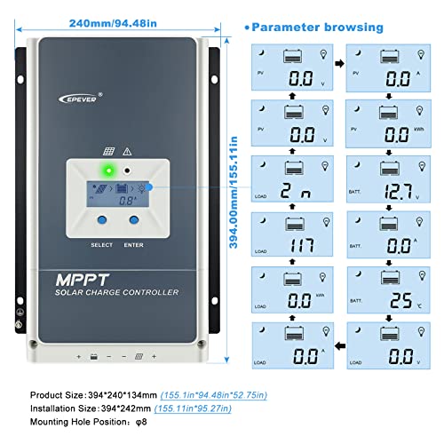 100A MPPT Solar Charge Controller 12V/24V/36V/48V Auto, Max.PV 150V Solar Panel Regulator fit for Lead-Acid/Lithium/LiFePO4 Battery (Tracer10415AN)