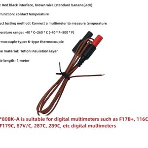 80BK-A Type K Thermocouple, Temperature Bead Probe, Clamp - Multimeter Compatible with for Fluke F17B+,F116C,F87-V,F28LL,F179,F287,F289,F189.