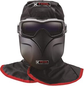 k tool international 70046 auto darkening welding goggle kit for garages, repair shops, and diy, lightweight, 5-13 adjustable shades, fire retardant hood, bump cap, shield and carrying bag, black/red