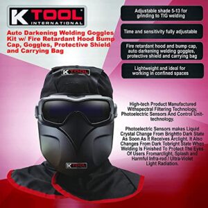 K Tool International 70046 Auto Darkening Welding Goggle Kit for Garages, Repair Shops, and DIY, Lightweight, 5-13 Adjustable Shades, Fire Retardant Hood, Bump Cap, Shield and Carrying Bag, Black/Red