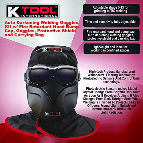 K Tool International 70046 Auto Darkening Welding Goggle Kit for Garages, Repair Shops, and DIY, Lightweight, 5-13 Adjustable Shades, Fire Retardant Hood, Bump Cap, Shield and Carrying Bag, Black/Red