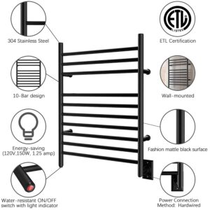 HEATGENE Towel Warmer Wall-Mounted Hardwired Heated Towel Rack Matte Black