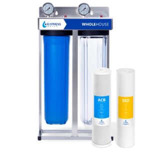 express water whole house water filter – 2 stage home water filtration system – sediment and carbon filter – includes pressure gauge, easy release, and 1” inch connections