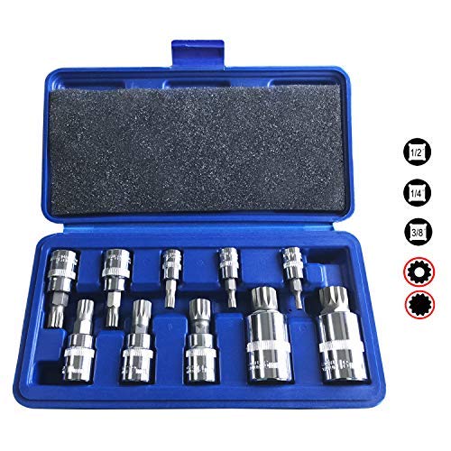 XZN Triple Square Spline Bit Socket Set 12 Point Tamper Proof 1/2 1/4 and 3/8 Inch Drive,4mm-18mm,S2 Steel,10 Pieces