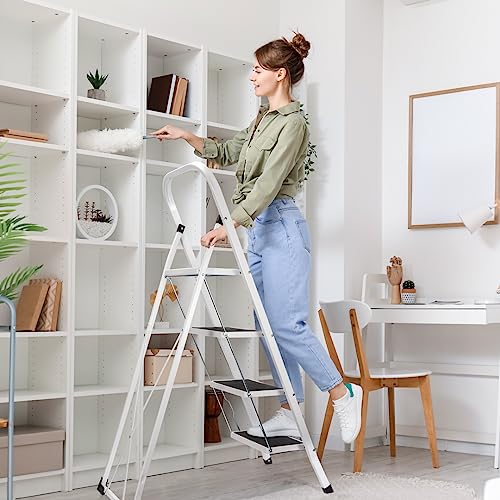 Delxo 4 Step Ladder Folding Step Stool, Heavy-Duty Sturdy Safety Tall Step Ladder Outdoor with Handrail Wide Pedal,White Lightweight Collapsible 4-Feet Step Stool Ladder for Adults Home Kitchen Indoor