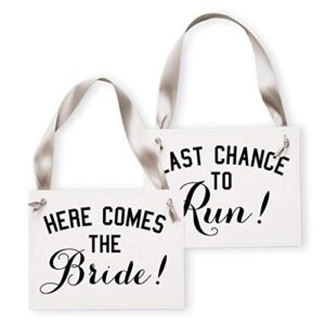 set of 2 wedding signs for ring bearers & flower girls | here comes the bride and last chance to run funny ceremony banners (here comes the bride + last chance to run)