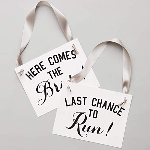 Set of 2 Wedding Signs for Ring Bearers & Flower Girls | Here Comes The Bride and Last Chance To Run Funny Ceremony Banners (Here Comes The Bride + Last Chance To Run)