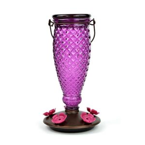 perky-pet 9102-1sr purple diamond wine top fill glass hummingbird feeder with built-in bee guards - outdoor garden décor - 24 oz