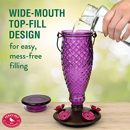 Perky-Pet 9102-1SR Purple Diamond Wine Top Fill Glass Hummingbird Feeder with Built-in Bee Guards - Outdoor Garden Décor - 24 Oz