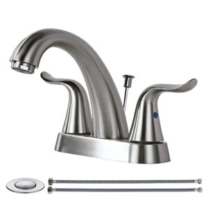 wowow bathroom faucet 2 handle 4 inch centerset bathroom sink faucet, lead-free basin mixer tap with lift rod drain stopper, 2 handle centerset lavatory faucet brushed nickel vanity faucet