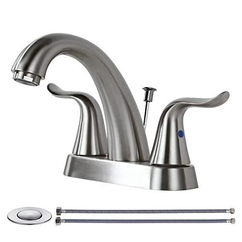 WOWOW Bathroom Faucet 2 Handle 4 Inch Centerset Bathroom Sink Faucet, Lead-Free Basin Mixer Tap with Lift Rod Drain Stopper, 2 Handle Centerset Lavatory Faucet Brushed Nickel Vanity Faucet