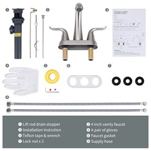 WOWOW Bathroom Faucet 2 Handle 4 Inch Centerset Bathroom Sink Faucet, Lead-Free Basin Mixer Tap with Lift Rod Drain Stopper, 2 Handle Centerset Lavatory Faucet Brushed Nickel Vanity Faucet