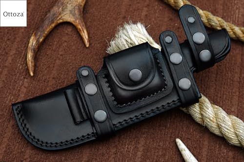 Ottoza Handmade XL Leather Knife Sheath RIGHT HAND Tracker Knife Sheath - Bushcraft Knife Sheath - Hunting Knife Sheath - Survival Knife Sheath Horizontal Carry Black TOP GRAIN LEATHER No:104