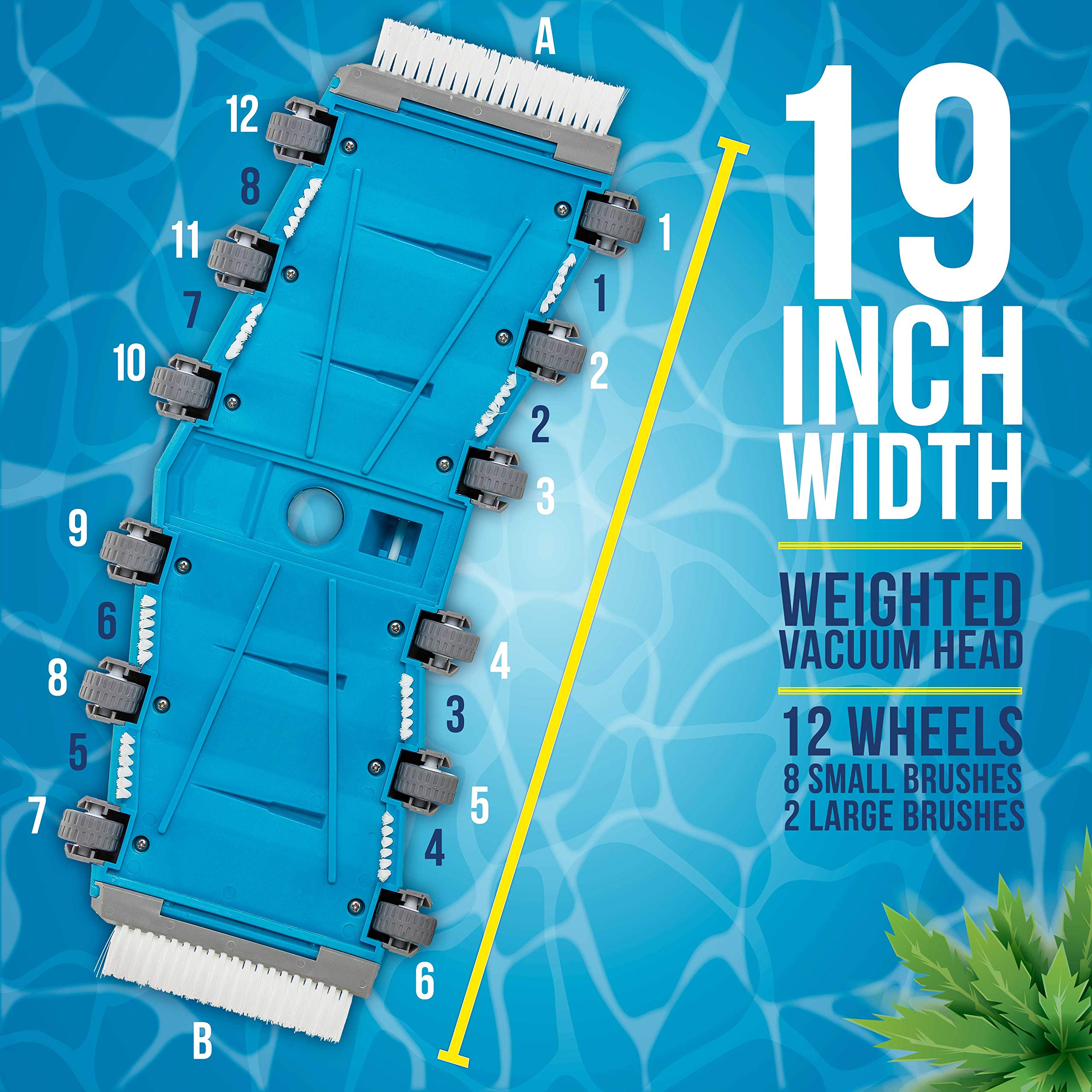 U.S. Pool Supply 19" Heavy Duty Weighted Flexible Concrete Swimming Pool Vacuum Head with Side Brushes and Metal EZ Clip Handle - Professional Commercial Grade - Faster Cleaning, Easier Debris Removal