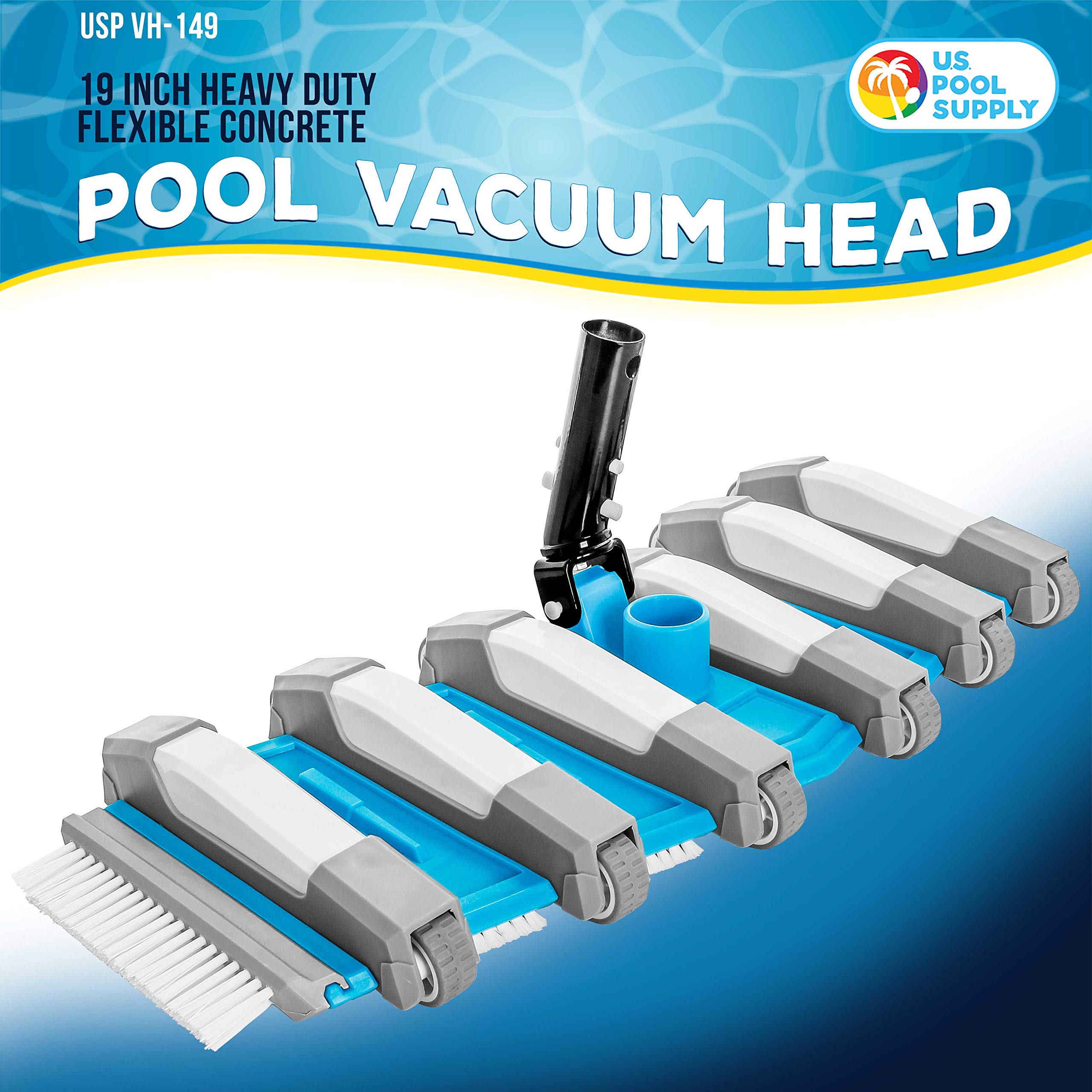 U.S. Pool Supply 19" Heavy Duty Weighted Flexible Concrete Swimming Pool Vacuum Head with Side Brushes and Metal EZ Clip Handle - Professional Commercial Grade - Faster Cleaning, Easier Debris Removal