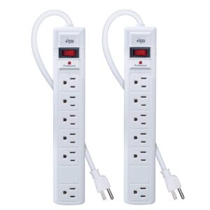 kmc 6-outlet surge protector power strip, 2-pack, 1200 joules, 6ft cord, adapter spaced outlet, overload protection, white