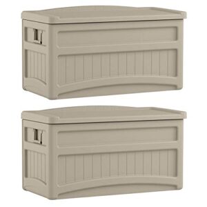 suncast 73-gallon resin outdoor patio storage deck box with seat, taupe (2 pack)