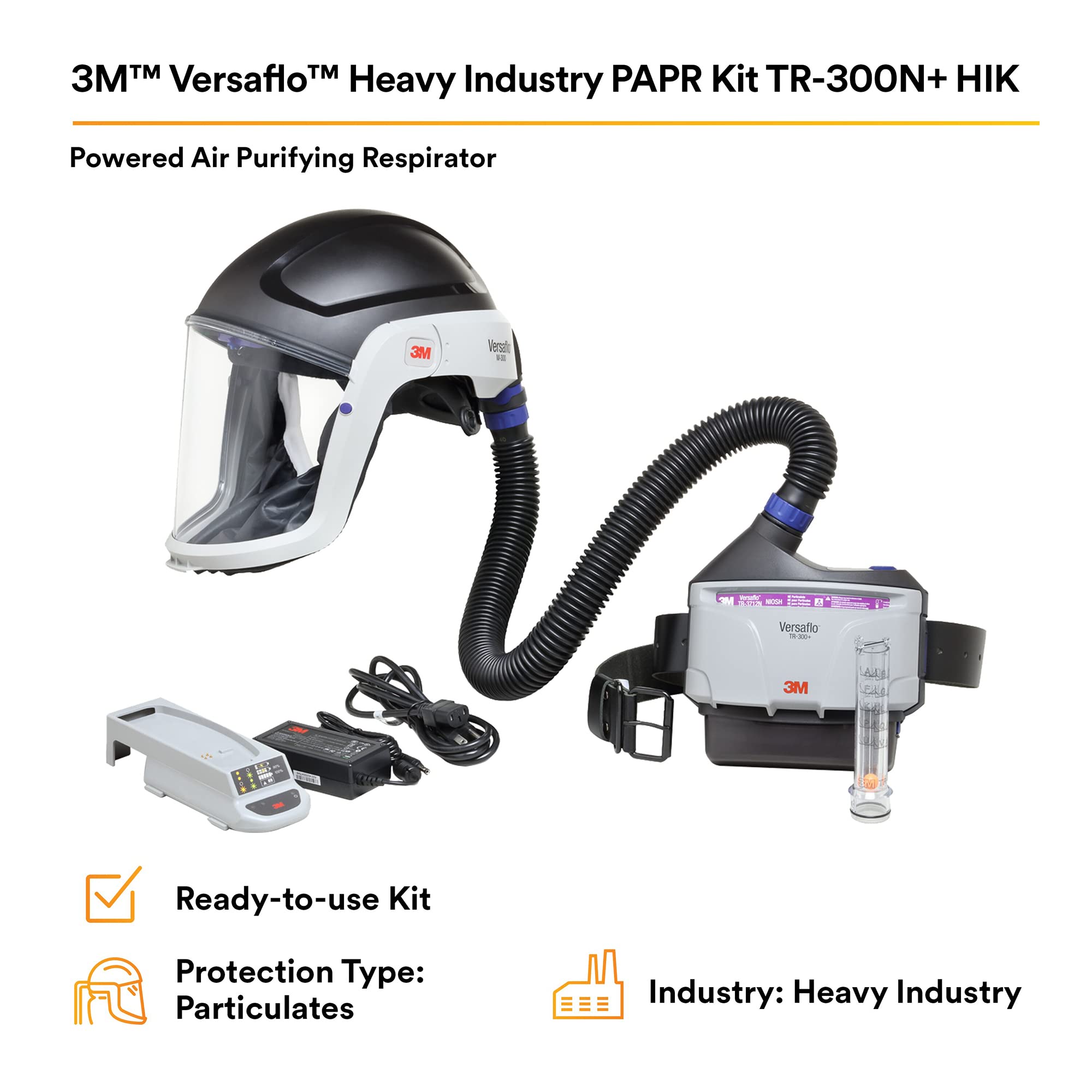 3M PAPR Respirator, Versaflo Powered Air Purifying Respirator Kit, TR-300N+ HIK, Heavy Industry, Hard Hat Assembly, All-in-One Respiratory Protection for Particulates, NIOSH Approved, Grinding