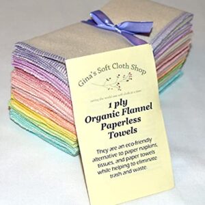 Gina's Soft Cloth Shop 11x12 1 Ply Certified Organic Cotton Flannel Set of 10 Paperless Towels Pastel Edges