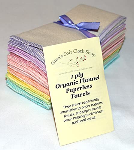 Gina's Soft Cloth Shop 11x12 1 Ply Certified Organic Cotton Flannel Set of 10 Paperless Towels Pastel Edges