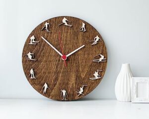 skiing clock 10" diameter, wood clock with skiers, winter sport home decor