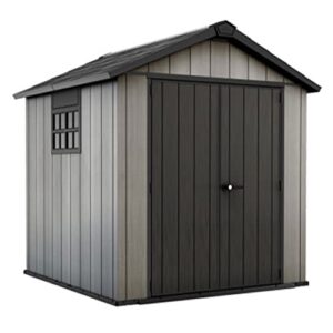 keter oakland 7 foot x 7.5 foot outdoor garden tool storage shed shelter with windows, planter boxes, lockable door, and built in ventilation, gray