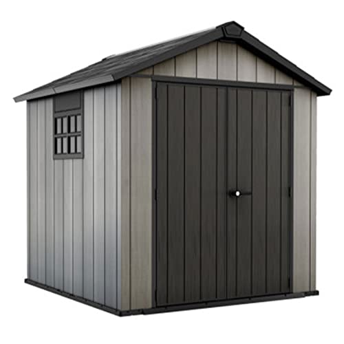 Keter Oakland 7 Foot x 7.5 Foot Outdoor Garden Tool Storage Shed Shelter with Windows, Planter Boxes, Lockable Door, and Built in Ventilation, Gray