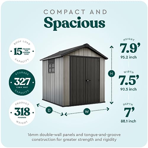 Keter Oakland 7 Foot x 7.5 Foot Outdoor Garden Tool Storage Shed Shelter with Windows, Planter Boxes, Lockable Door, and Built in Ventilation, Gray