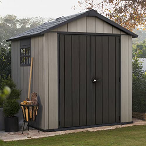 Keter Oakland 7 Foot x 7.5 Foot Outdoor Garden Tool Storage Shed Shelter with Windows, Planter Boxes, Lockable Door, and Built in Ventilation, Gray