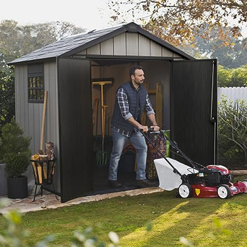 Keter Oakland 7 Foot x 7.5 Foot Outdoor Garden Tool Storage Shed Shelter with Windows, Planter Boxes, Lockable Door, and Built in Ventilation, Gray