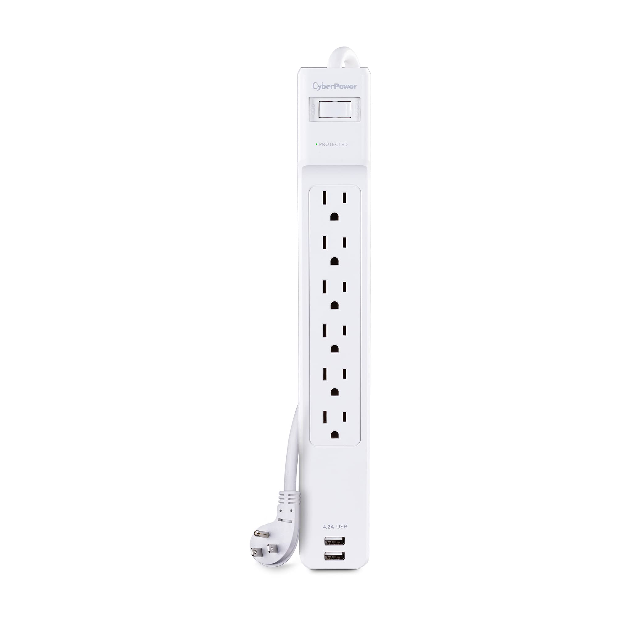 CyberPower CSP606U42A Professional Surge Protector, 900J/125V, 6 Outlets, 2 USB Charge Ports, 6ft Power Cord, White