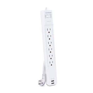 CyberPower CSP606U42A Professional Surge Protector, 900J/125V, 6 Outlets, 2 USB Charge Ports, 6ft Power Cord, White