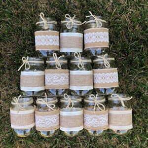 set of 12 burlap and lace sleeves for mason jars, sleeves and twine only, jars not included, burlap mason jar wraps, country chic wedding centerpiece decor for tables, mason jar centerpiece