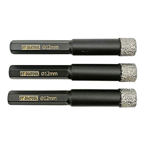 DT-DIATOOL Dry Diamond Drill bits with Hex Shank for Porcelain Tile Ceramic Diameter 12mm Pack of 3