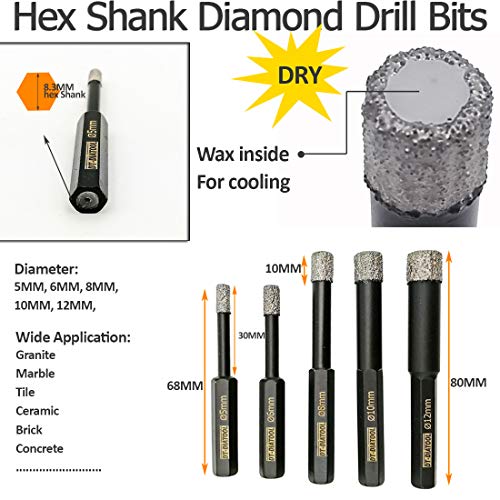 DT-DIATOOL Dry Diamond Drill bits with Hex Shank for Porcelain Tile Ceramic Diameter 12mm Pack of 3