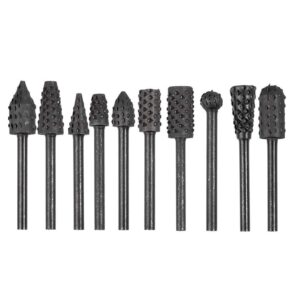 bestgle 10pcs 1/8''(3mm) shank rotary burr rasp set carbon steel wood carving file rasp drill bits fit for rotary tools for diy woodworking wood plastic carving polishing grinding engraving