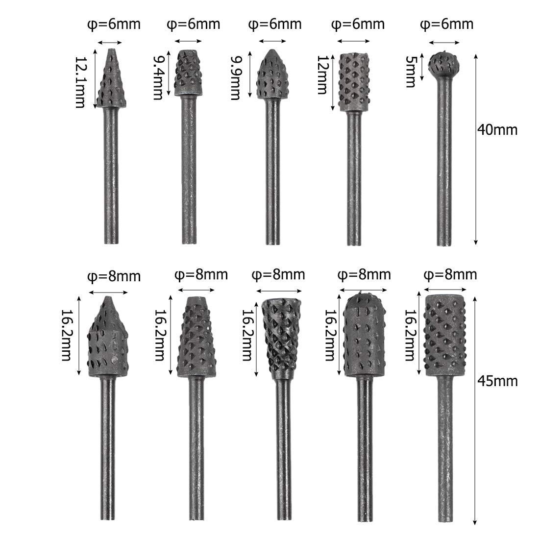 Bestgle 10Pcs 1/8''(3mm) Shank Rotary Burr Rasp Set Carbon Steel Wood Carving File Rasp Drill Bits Fit for Rotary Tools for DIY Woodworking Wood Plastic Carving Polishing Grinding Engraving