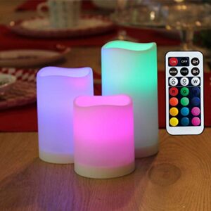 wralwayslx flameless candles with timer, colour changing led candles with remote control,battery candles outdoor and indoor home decor, set of 3, 2.5" d x h3/4/5 by 3aaa batteries(not included)