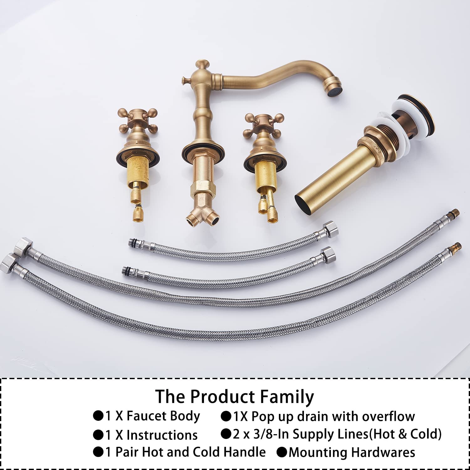 GGStudy 8 inch 2 Handles 3 Holes Widespread Bathroom Sink Faucet Antique Brass Bathroom Vanity Faucet Basin Mixer Tap Faucet Matching Metal Pop Up Drain with Overflow