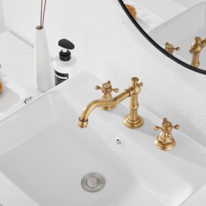 GGStudy 8 inch 2 Handles 3 Holes Widespread Bathroom Sink Faucet Antique Brass Bathroom Vanity Faucet Basin Mixer Tap Faucet Matching Metal Pop Up Drain with Overflow