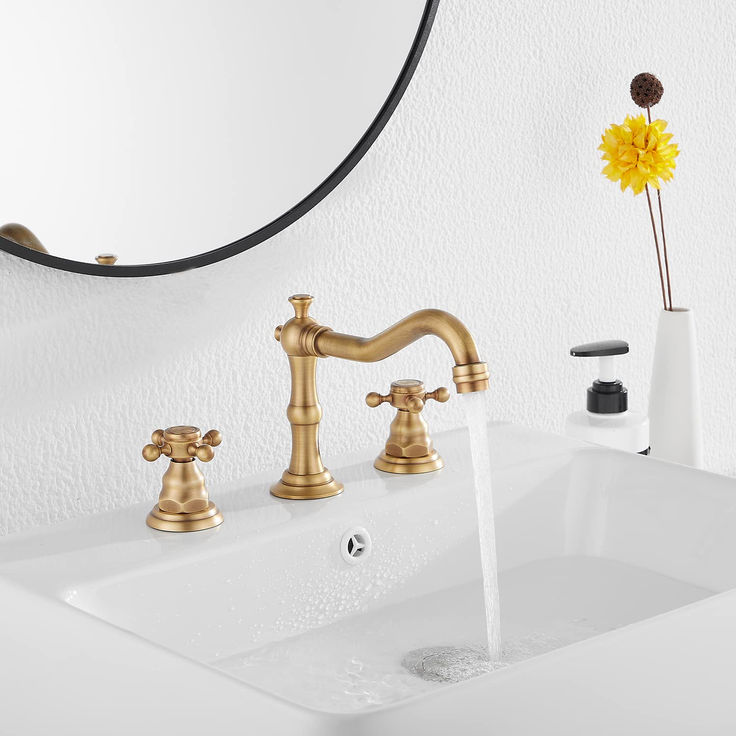 GGStudy 8 inch 2 Handles 3 Holes Widespread Bathroom Sink Faucet Antique Brass Bathroom Vanity Faucet Basin Mixer Tap Faucet Matching Metal Pop Up Drain with Overflow