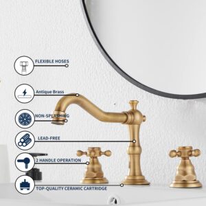 GGStudy 8 inch 2 Handles 3 Holes Widespread Bathroom Sink Faucet Antique Brass Bathroom Vanity Faucet Basin Mixer Tap Faucet Matching Metal Pop Up Drain with Overflow