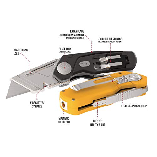True Utility Folding-blade pocket knife multitool 6780 Knife Plus with steel clip and flathead and phillips bit holder and 2 extra blades