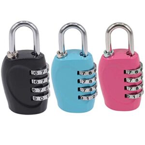 yeworth 3 pack luggage locks travel security 4 digit combination padlocks with alloy body for travel bag, suit case, lockers, gym, bike locks - black, blue, rose red