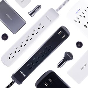 Philips 6 Outlet Surge Protector Power Strip, Designer Braided Power Cord, 4 Ft Power Cord, Flat Plug Extension Cord, Perfect for Office or Home Décor, 720 Joules, ETL Listed, White, SPC3064WE/37