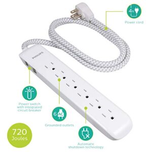Philips 6 Outlet Surge Protector Power Strip, Designer Braided Power Cord, 4 Ft Power Cord, Flat Plug Extension Cord, Perfect for Office or Home Décor, 720 Joules, ETL Listed, White, SPC3064WE/37